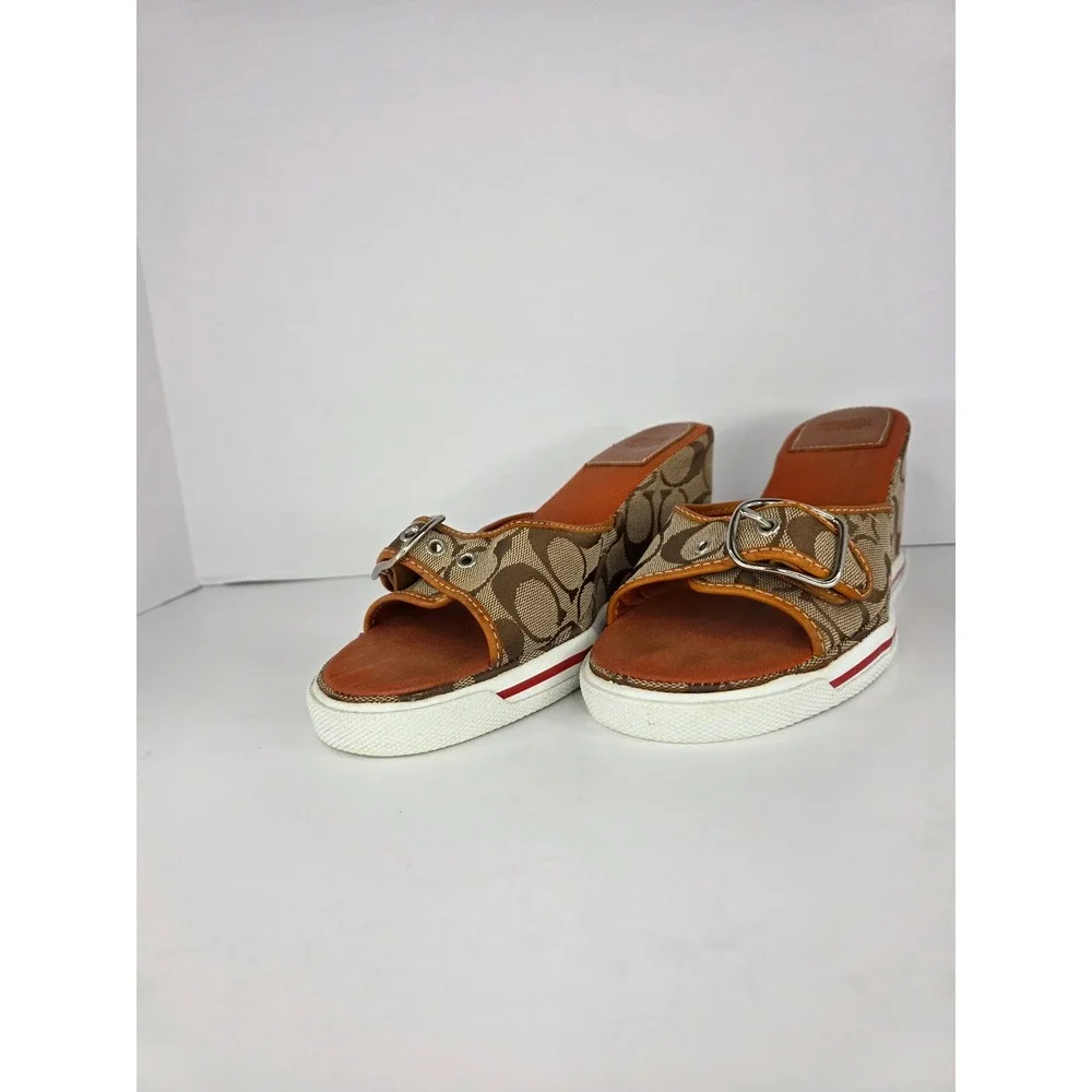Coach Alyssa Wedge Sandals Womens 8.5 B Brown Canvas Monogram Buckle C Logo
